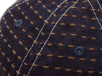Studio D'Artisan Men's Indigo Denim Baseball Cap with Persimmon-Dyed Sashiko Stitching, Non-Mesh, Pre-Curved Visor, Adjustable Strapback - Made in Japan (SDA D7578)