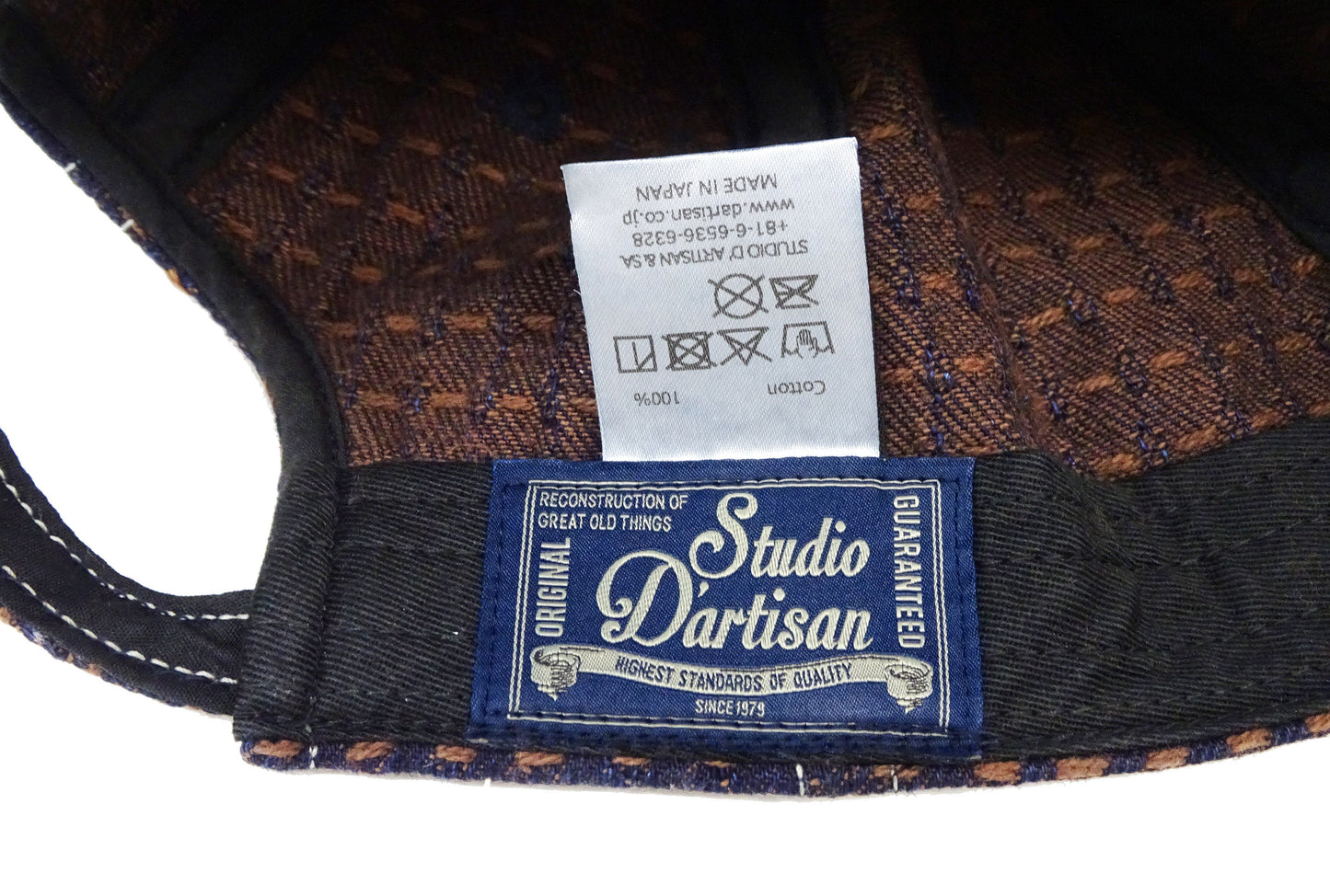 Studio D'Artisan Men's Indigo Denim Baseball Cap with Persimmon-Dyed Sashiko Stitching, Non-Mesh, Pre-Curved Visor, Adjustable Strapback - Made in Japan (SDA D7578)