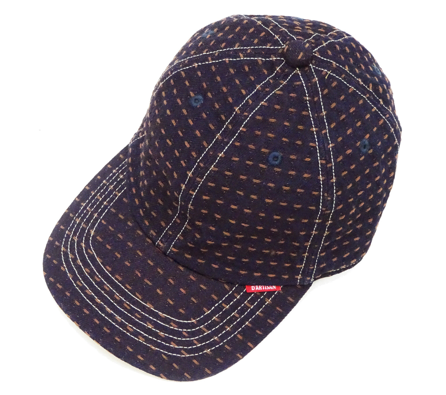 Studio D'Artisan Men's Indigo Denim Baseball Cap with Persimmon-Dyed Sashiko Stitching, Non-Mesh, Pre-Curved Visor, Adjustable Strapback - Made in Japan (SDA D7578)