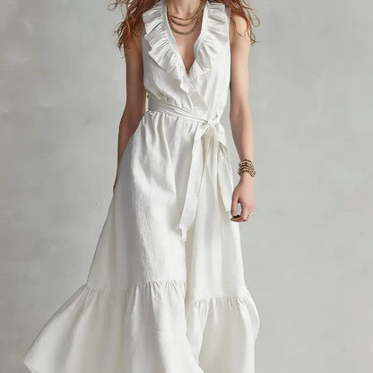 Women's V-Neck Sleeveless Lace-Up Panelled Maxi Dress – Wide Flare