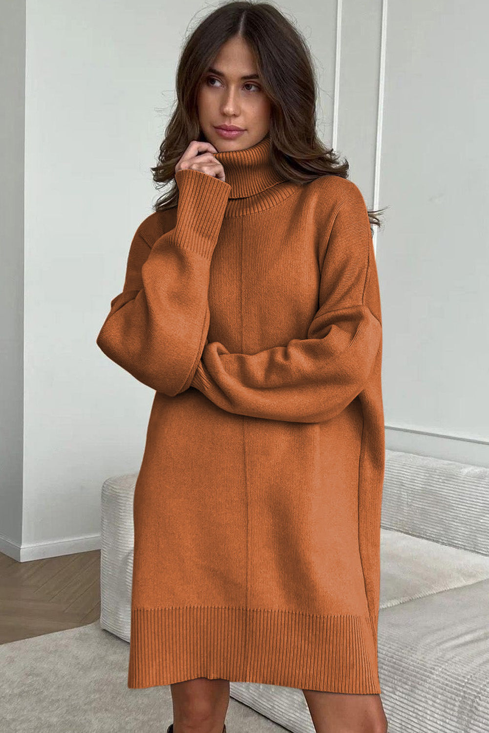 Black Solid Color Turtleneck Drop Shoulder Loose Sweater Dress