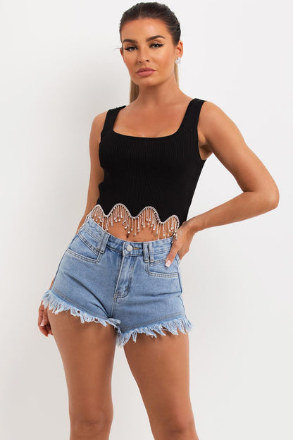 Denim Shorts With Frayed Hem