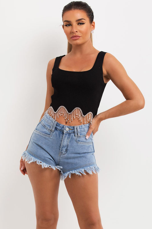 Denim Shorts With Frayed Hem