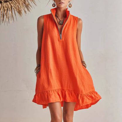 Women's Casual Loose Half-Zip Sleeveless Dress with Ruffle Hem