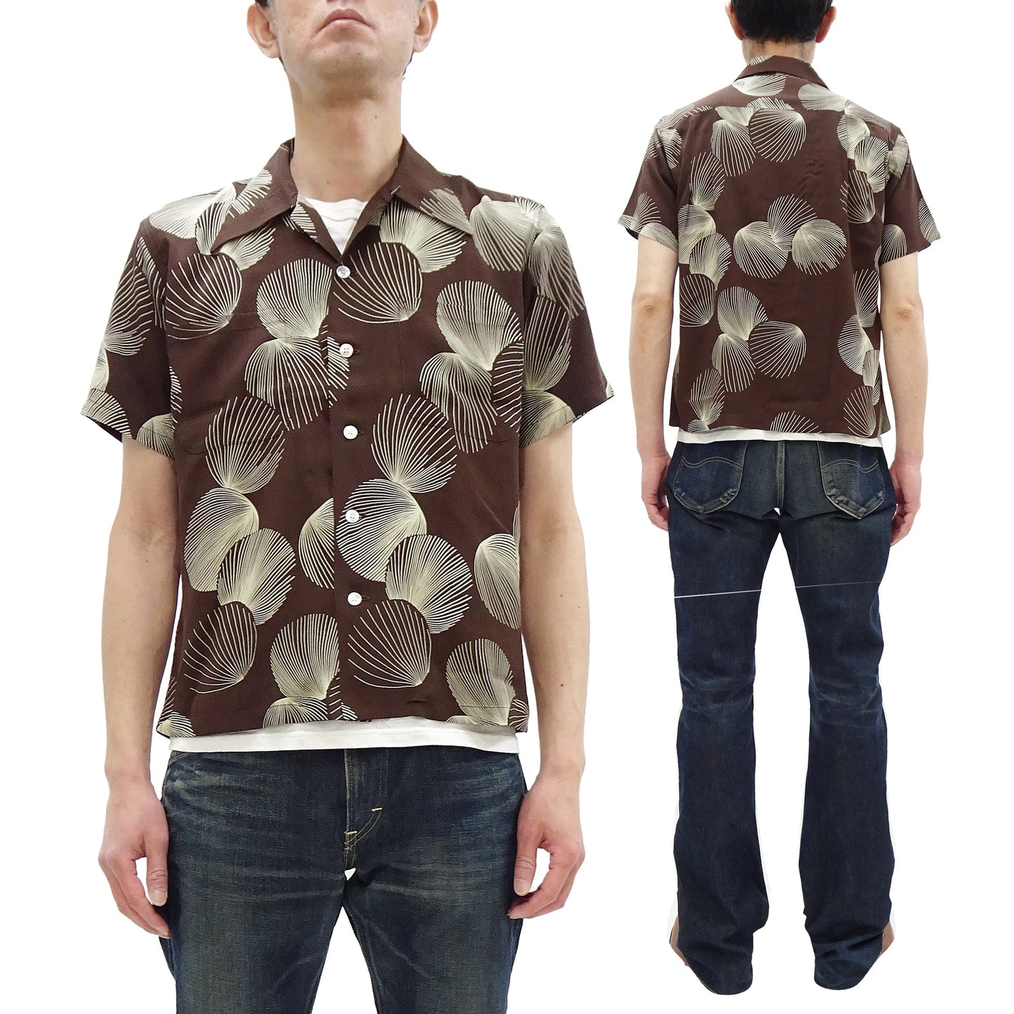 Duke Kahanamoku Hawaiian Shirt Men's 1950s Duke's Shell Reproduction Short-Sleeve Aloha Shirt DK39450 138 Brown