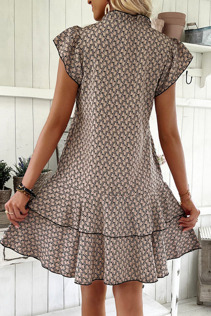 Simply Taupe Bohemian Print V-Neck Flutter Sleeve Ruffle Mini Dress