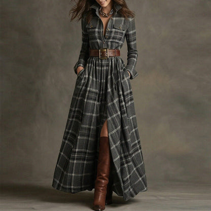 Women's Printed Lapel Slim-Fit Dress – Elegant Commuter Style