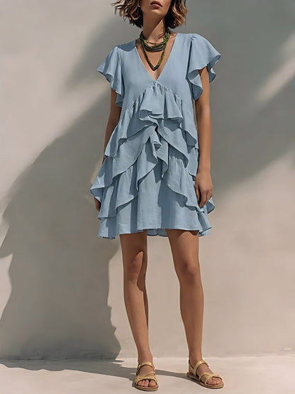 Women's V-Neck Ruffle Sleeve Casual Loose Dress