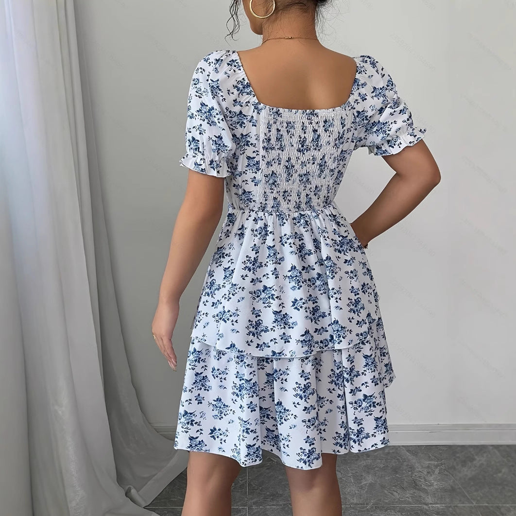 Ditsy Floral High Waist Flared Midi Dress – Short Sleeve Backless Summer Dress