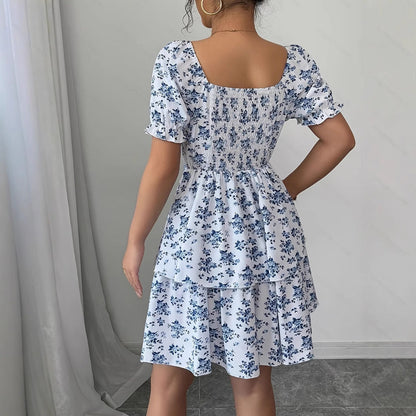 Ditsy Floral High Waist Flared Midi Dress – Short Sleeve Backless Summer Dress