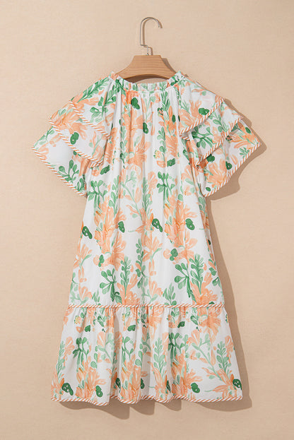 Sky Blue Floral Contrast Edge Ruffle Sleeve Tie Neck Mini Dress