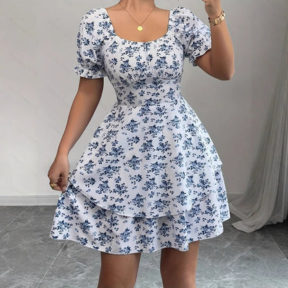 Ditsy Floral High Waist Flared Midi Dress – Short Sleeve Backless Summer Dress