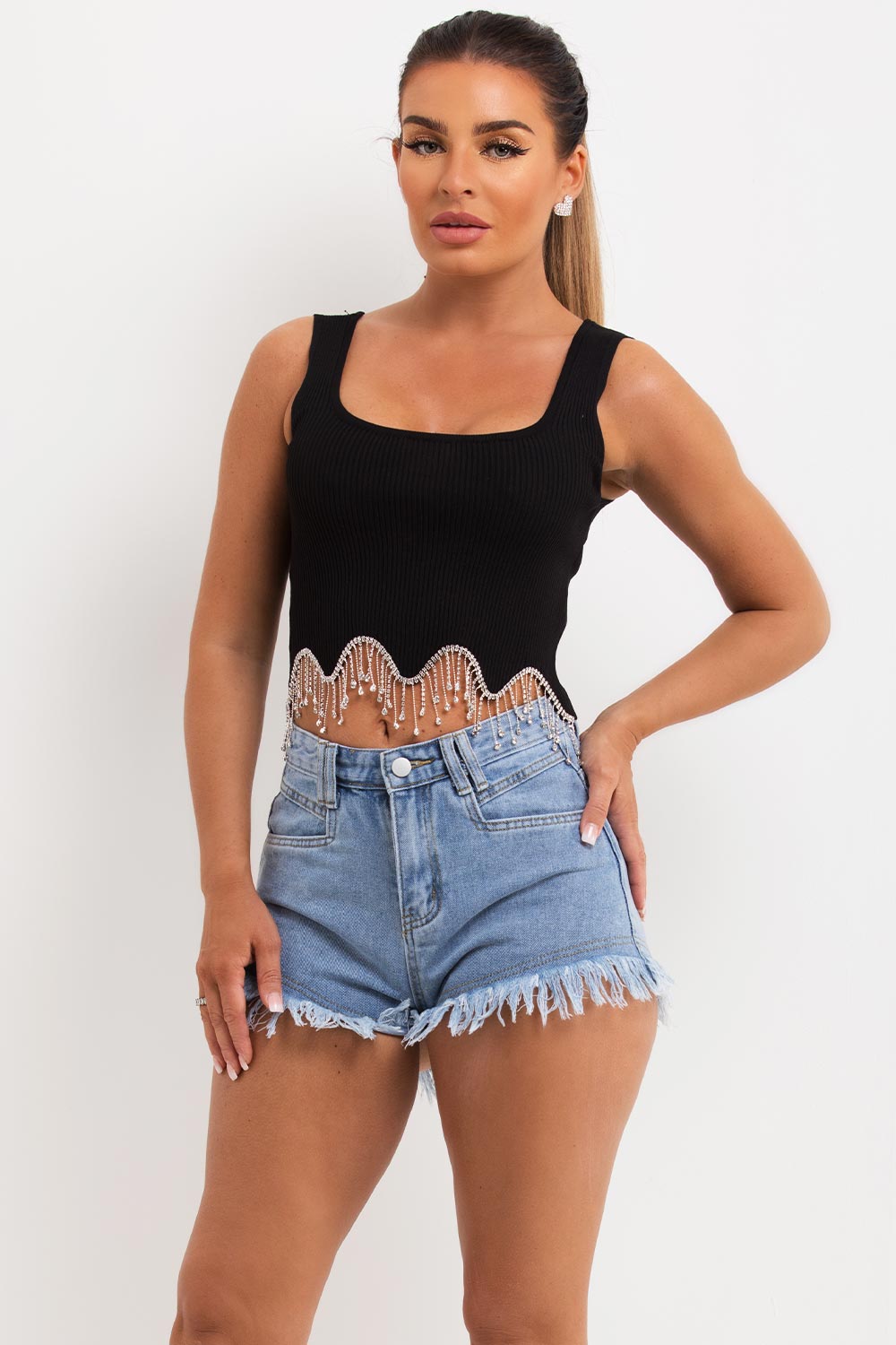 Denim Shorts With Frayed Hem