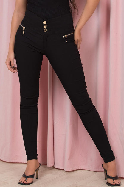 Black High Waisted Jeans With Gold Buttons