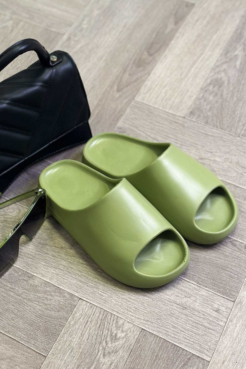 Chunky Sliders Ribbed Rubber Sole Khaki