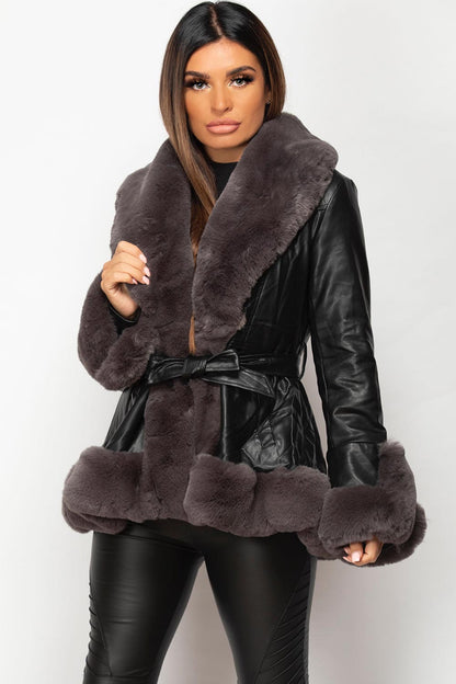 Black Faux Leather Faux Fur Belted Jacket