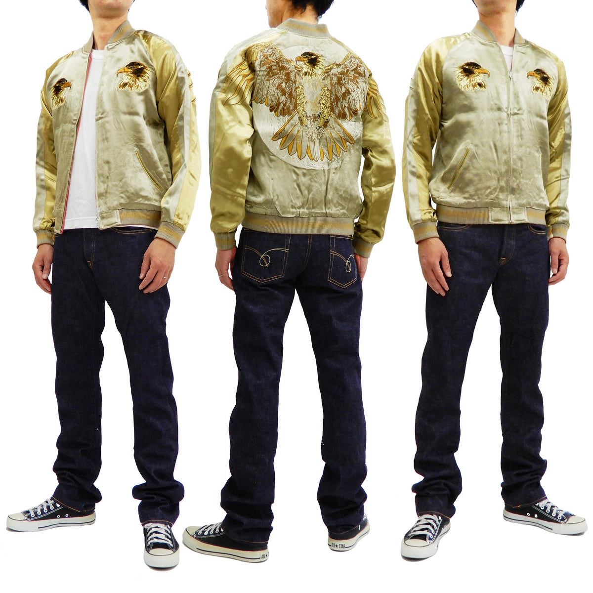 Satori Script Men's Japanese Souvenir Jacket Hawk Sukajan GSJR-018 Beige/Gold