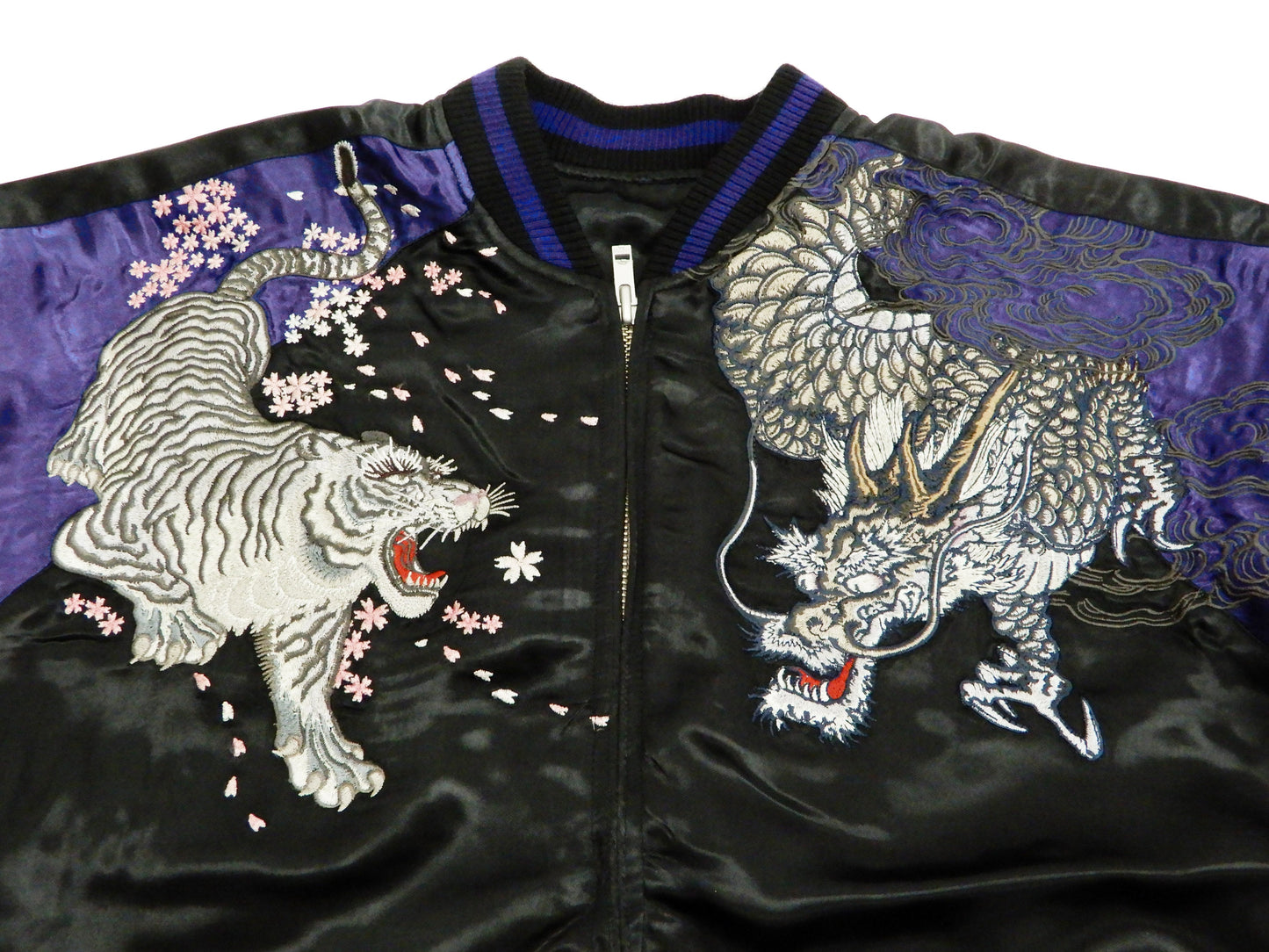Satori Script Men's Japanese Souvenir Jacket Dragon and Tiger Sukajan GSJR-020 Black/Dark-Blue