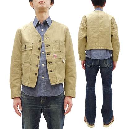 HEADLIGHT Men's 10oz. Random Herringbone Twill Engineer Jacket, Beige Collarless Work Jacket, Made in Japan (HD15909 401A One Wash)