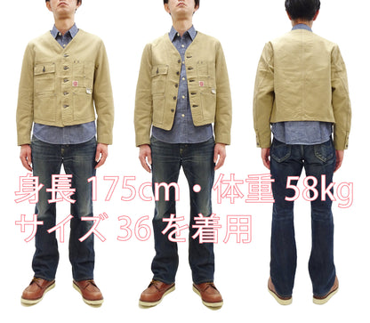 HEADLIGHT Men's 10oz. Random Herringbone Twill Engineer Jacket, Beige Collarless Work Jacket, Made in Japan (HD15909 401A One Wash)