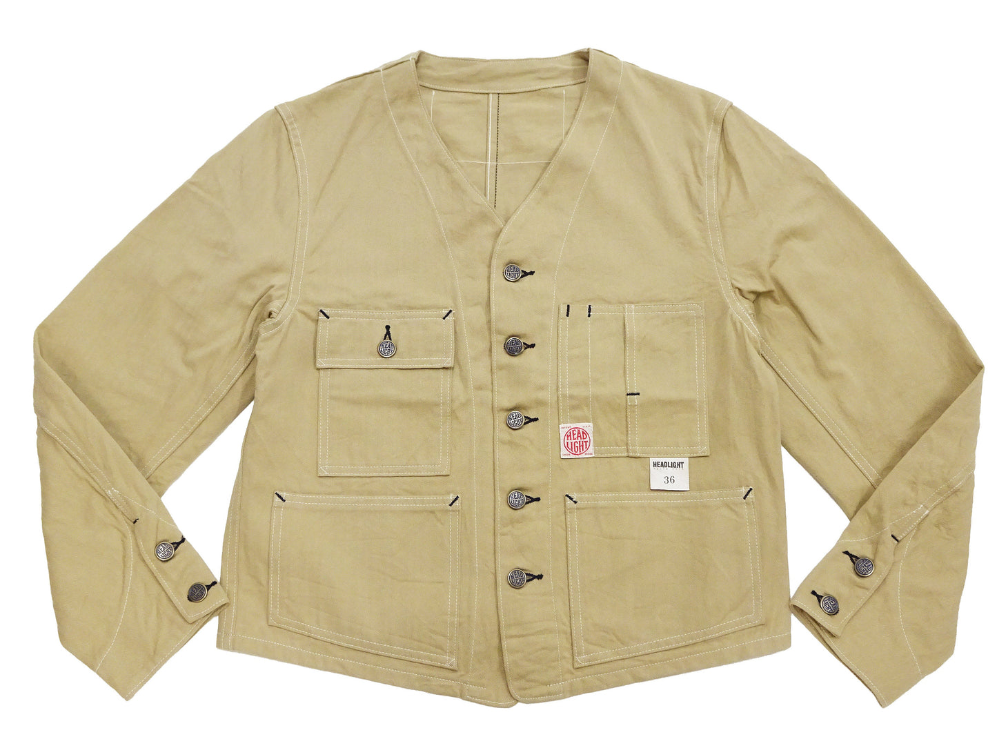HEADLIGHT Men's 10oz. Random Herringbone Twill Engineer Jacket, Beige Collarless Work Jacket, Made in Japan (HD15909 401A One Wash)