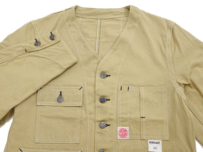 HEADLIGHT Men's 10oz. Random Herringbone Twill Engineer Jacket, Beige Collarless Work Jacket, Made in Japan (HD15909 401A One Wash)