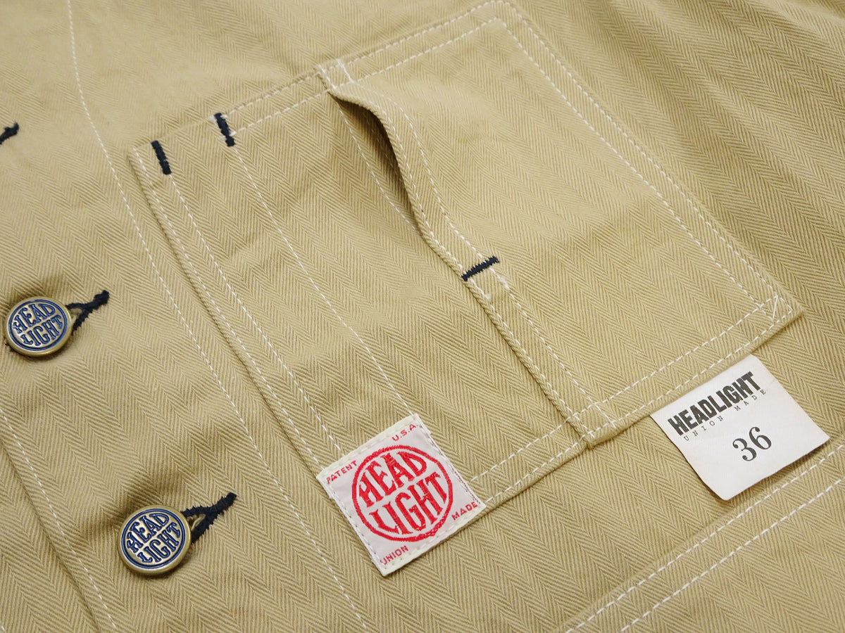 HEADLIGHT Men's 10oz. Random Herringbone Twill Engineer Jacket, Beige Collarless Work Jacket, Made in Japan (HD15909 401A One Wash)