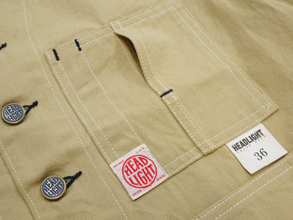 HEADLIGHT Men's 10oz. Random Herringbone Twill Engineer Jacket, Beige Collarless Work Jacket, Made in Japan (HD15909 401A One Wash)