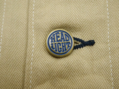 HEADLIGHT Men's 10oz. Random Herringbone Twill Engineer Jacket, Beige Collarless Work Jacket, Made in Japan (HD15909 401A One Wash)