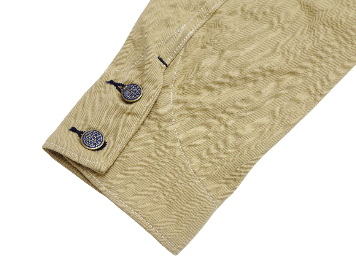 HEADLIGHT Men's 10oz. Random Herringbone Twill Engineer Jacket, Beige Collarless Work Jacket, Made in Japan (HD15909 401A One Wash)