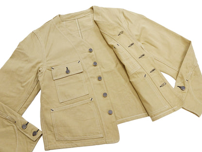 HEADLIGHT Men's 10oz. Random Herringbone Twill Engineer Jacket, Beige Collarless Work Jacket, Made in Japan (HD15909 401A One Wash)