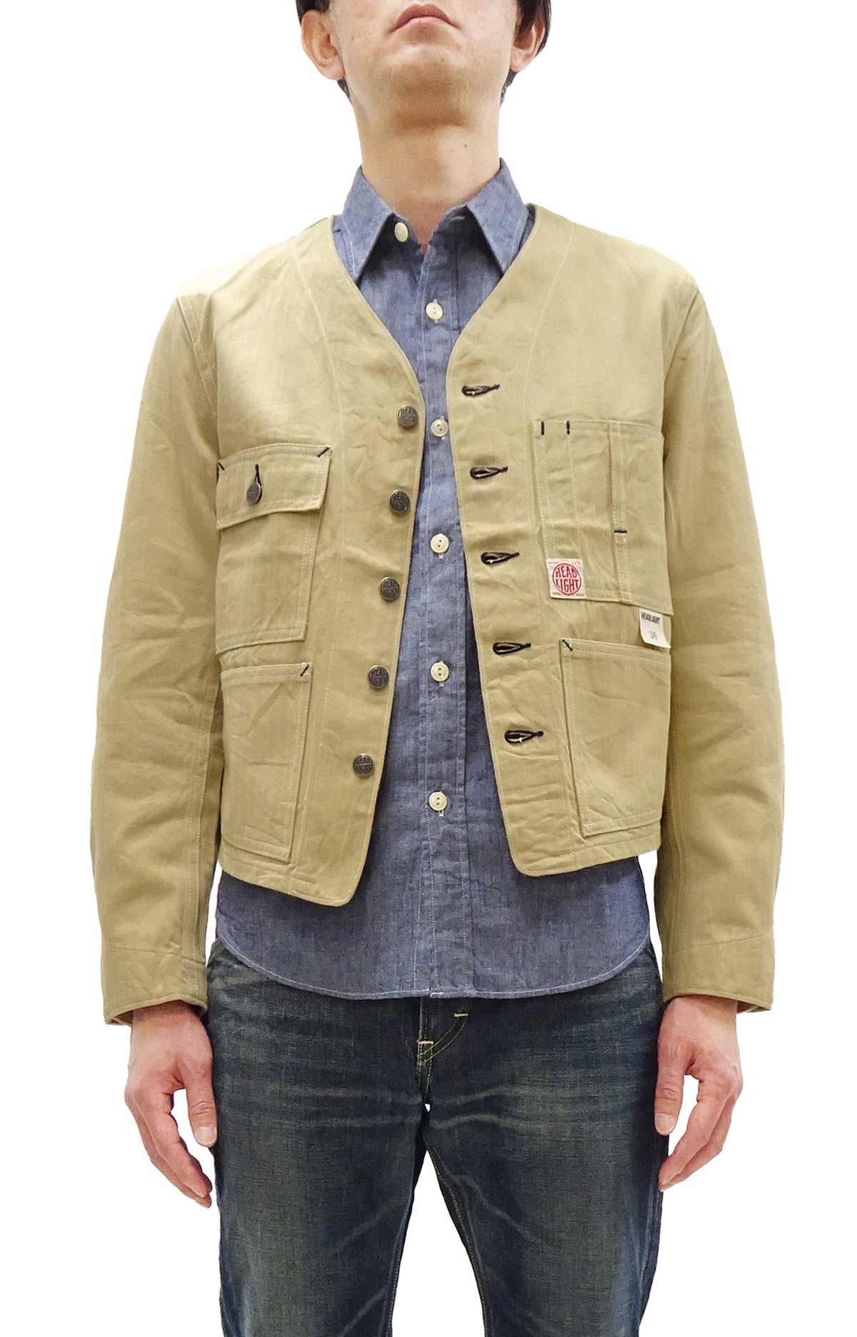 HEADLIGHT Men's 10oz. Random Herringbone Twill Engineer Jacket, Beige Collarless Work Jacket, Made in Japan (HD15909 401A One Wash)