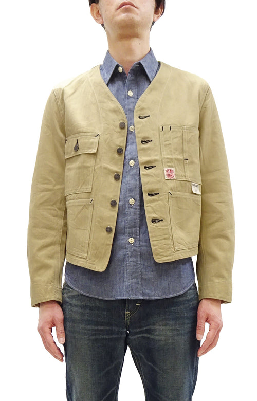HEADLIGHT Men's 10oz. Random Herringbone Twill Engineer Jacket, Beige Collarless Work Jacket, Made in Japan (HD15909 401A One Wash)