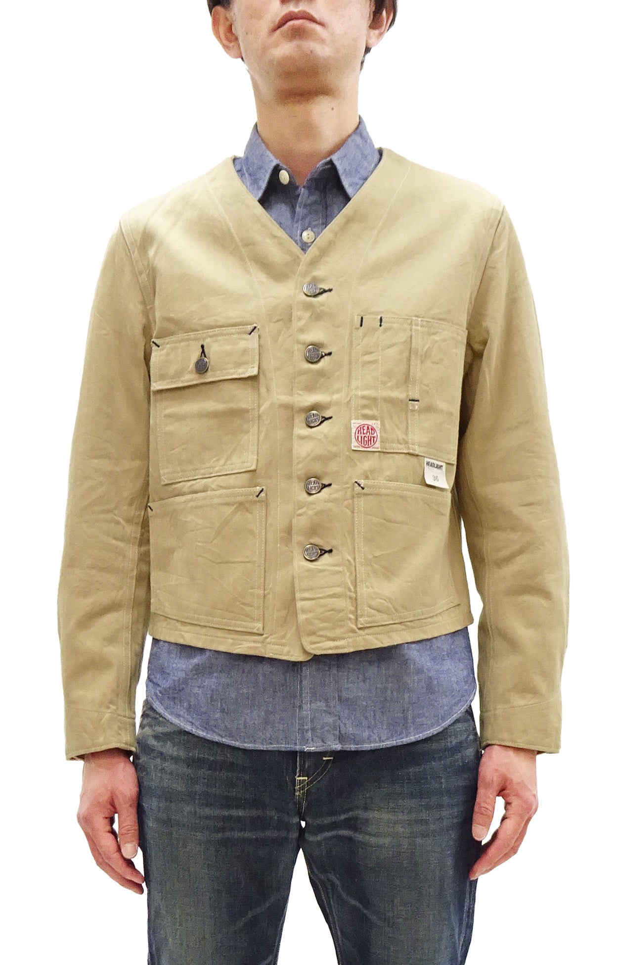 HEADLIGHT Men's 10oz. Random Herringbone Twill Engineer Jacket, Beige Collarless Work Jacket, Made in Japan (HD15909 401A One Wash)