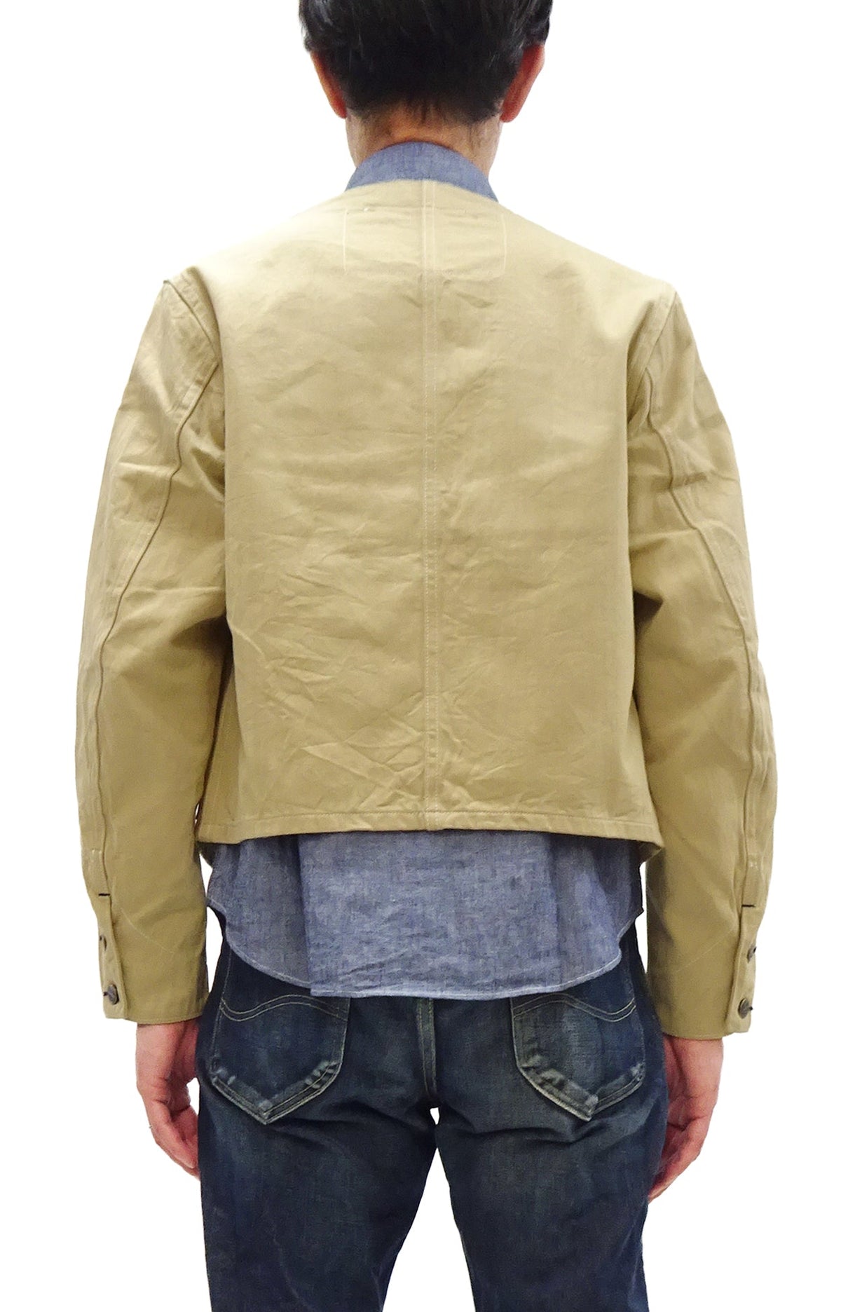 HEADLIGHT Men's 10oz. Random Herringbone Twill Engineer Jacket, Beige Collarless Work Jacket, Made in Japan (HD15909 401A One Wash)