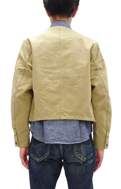 HEADLIGHT Men's 10oz. Random Herringbone Twill Engineer Jacket, Beige Collarless Work Jacket, Made in Japan (HD15909 401A One Wash)