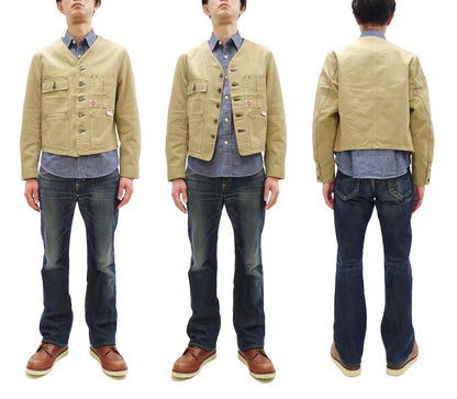 HEADLIGHT Men's 10oz. Random Herringbone Twill Engineer Jacket, Beige Collarless Work Jacket, Made in Japan (HD15909 401A One Wash)