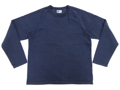 Japan Blue Jeans Long Sleeve French Terry T-Shirt Men's Casual Plain Crew-Neck Raglan-Sleeve Inlay Shirt JBKN1001 Navy-Blue