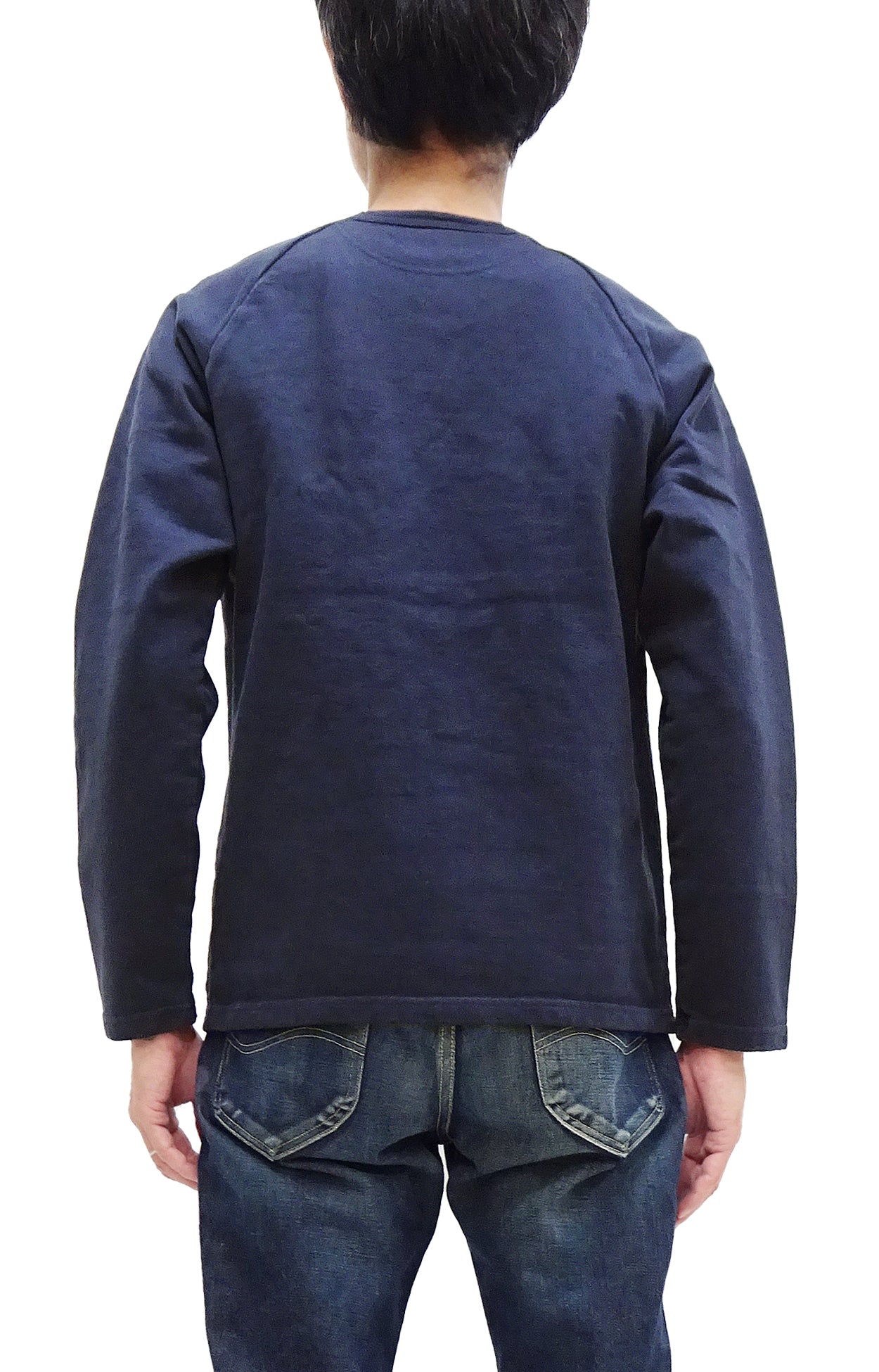 Japan Blue Jeans Long Sleeve French Terry T-Shirt Men's Casual Plain Crew-Neck Raglan-Sleeve Inlay Shirt JBKN1001 Navy-Blue