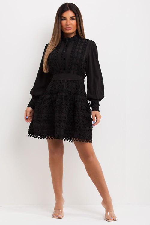 Black Lace Crochet Dress With Waist Belt