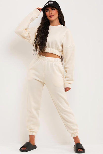 Crop Sweatshirt And Joggers Tracksuit Oatmeal