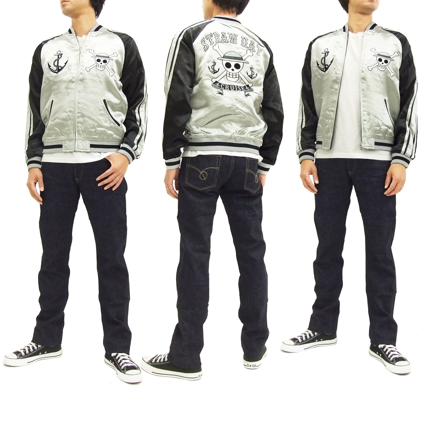 Hanatabi Gakudan Men's Japanese Souvenir Jacket Japanese ONE PIECE Sukajan Script OPSJ-001 Silver