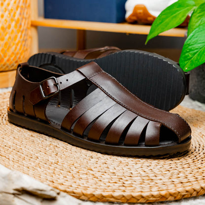 05-110-BRN PESCA Calfskin Strap-On Sandal, Brown