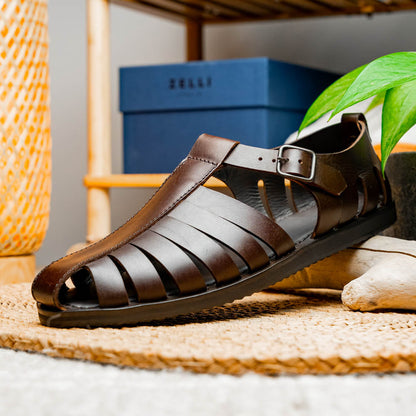 05-110-BRN PESCA Calfskin Strap-On Sandal, Brown