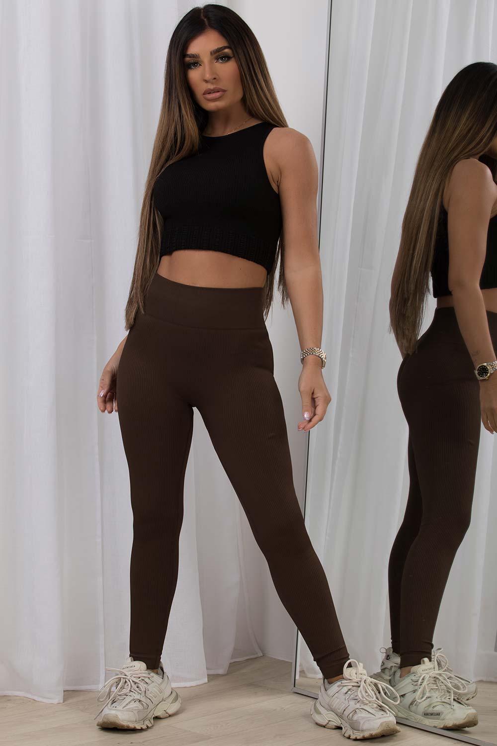 Brown Ribbed Leggings High Waist