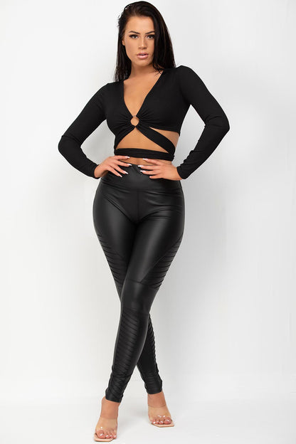 Cut Out Ring Detail Long Sleeve Crop Top Black
