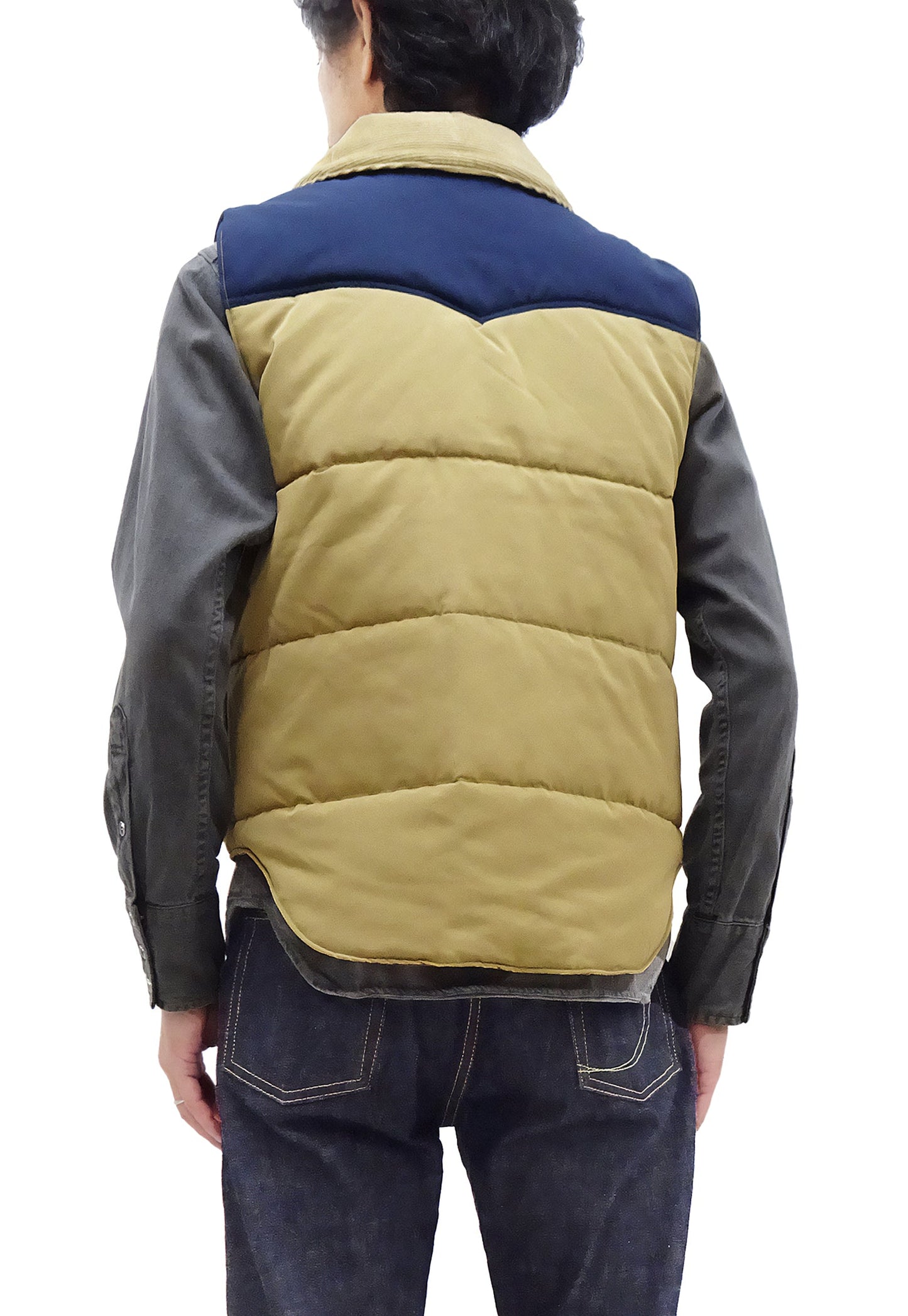 Sugar Cane Puffer Vest Men's Outer Vest Contrast Yoke Panel Padded Vest SC15400 133 Beige/Navy-Blue/Beige