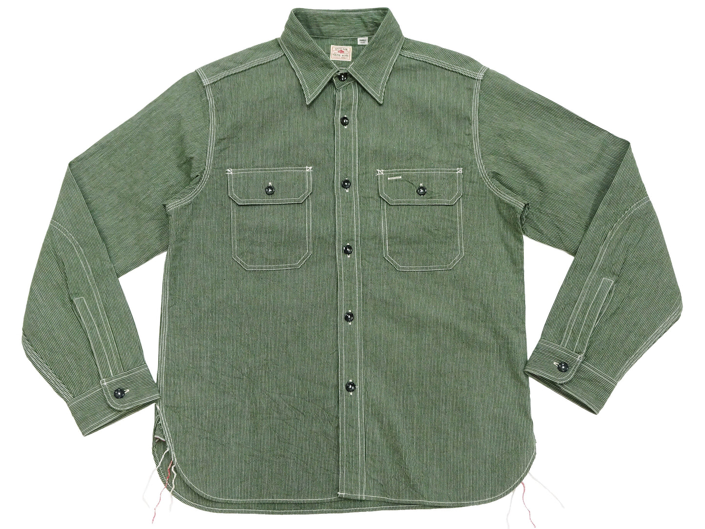 Sugar Cane Work Shirt with Vertical Hairline Code Stripe Pattern Men's Casual Jean Cord Long Sleeve Button Up Shirt SC25511 149 Olive