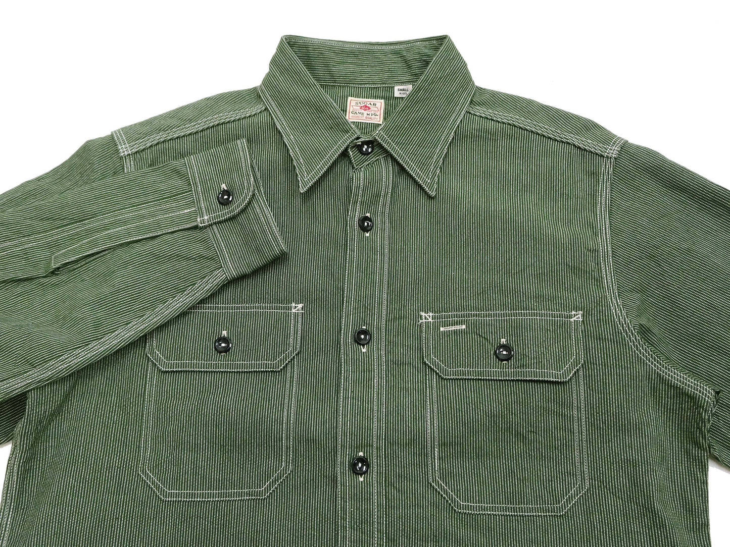 Sugar Cane Work Shirt with Vertical Hairline Code Stripe Pattern Men's Casual Jean Cord Long Sleeve Button Up Shirt SC25511 149 Olive
