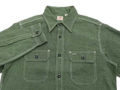 Sugar Cane Work Shirt with Vertical Hairline Code Stripe Pattern Men's Casual Jean Cord Long Sleeve Button Up Shirt SC25511 149 Olive